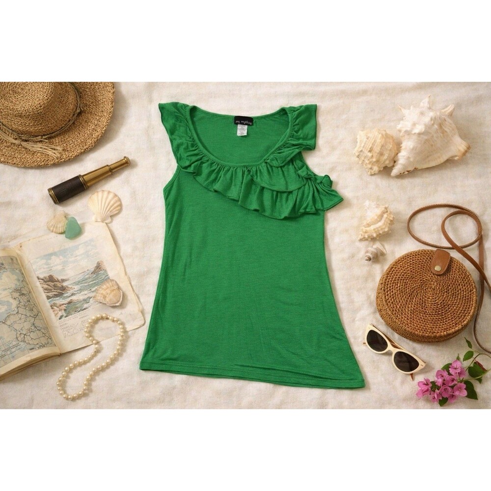 Vintage Y2K Say Anything Green Ruffle Top | Made in USA | XL | Asymmetrical Hem